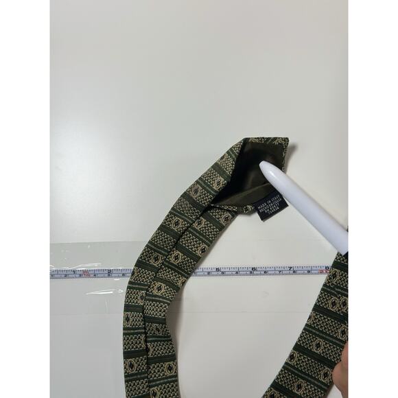 Stafford 100% Silk Tie Green Gold Navy Geometric Pattern Made in Italy 57” - Picture 8 of 9